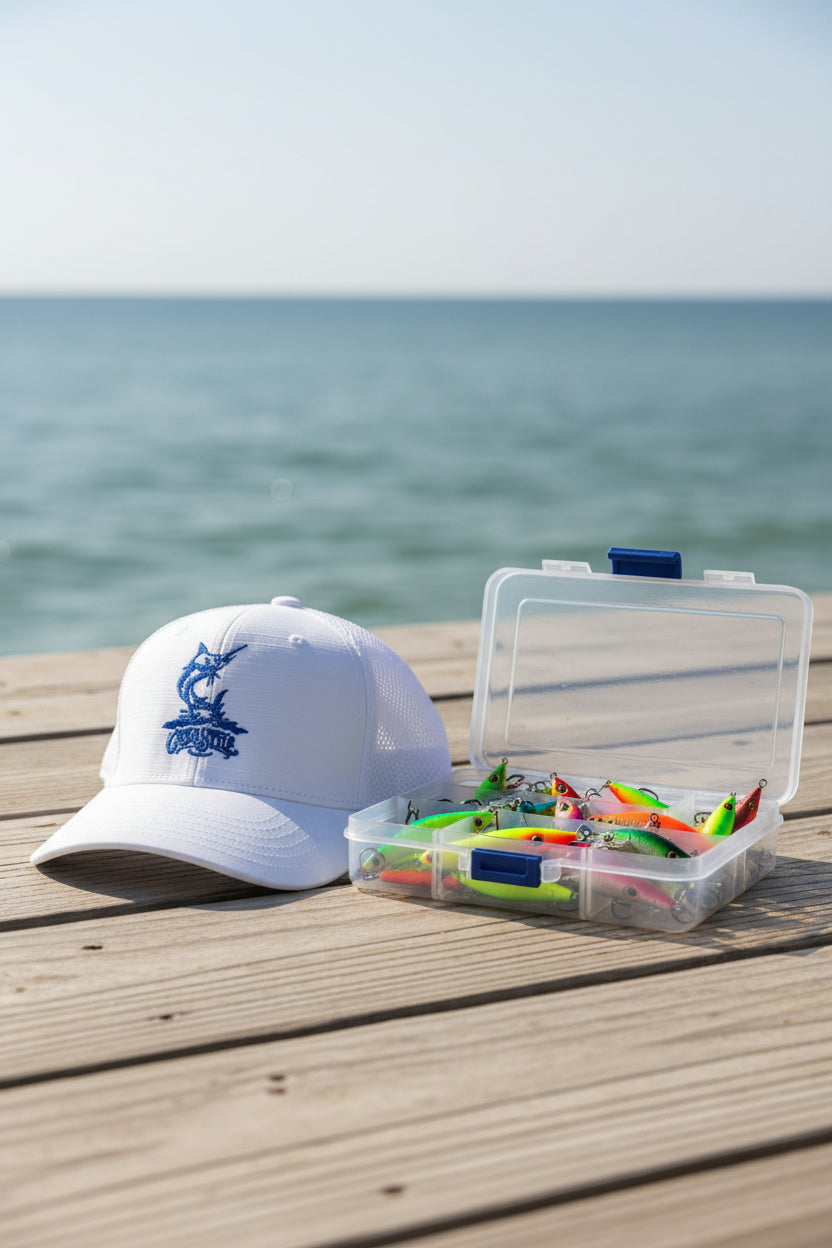 Gorra blanca Blue Marlin pesca Los Cabos Cabostyle