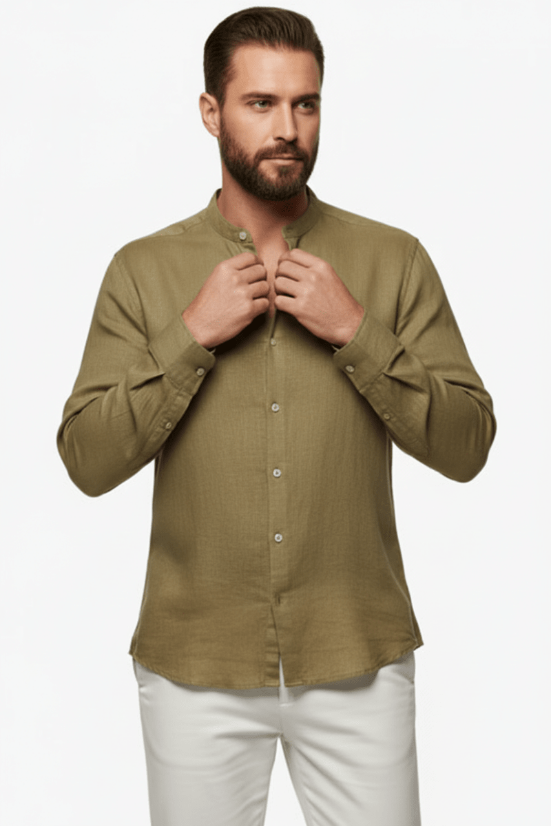 Camisa Cuello Mao Premium en Lino Khaki para Caballero | Only Cabo® Los Cabos - Cabostyle Store