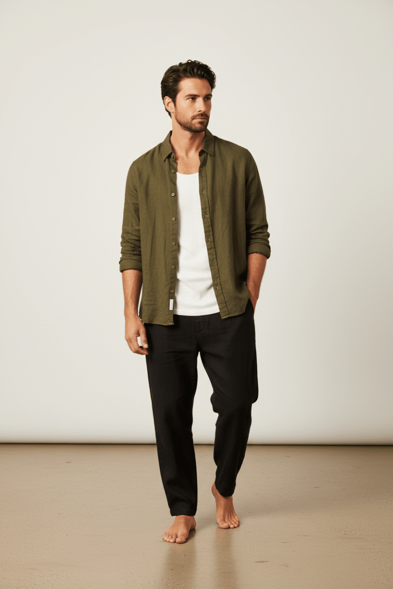 Camisa Manga Larga Premium en Lino Olivo para Caballero | Only Cabo® Los Cabos - Cabostyle Store
