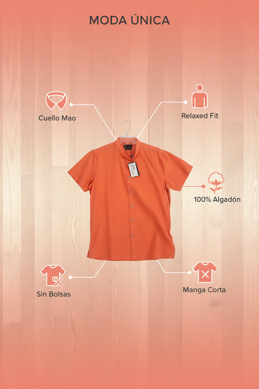 Camisa London Coral de manga corta y cuello Mao de la marca Instyle Fitters, estilo relajado y sin bolsillos.