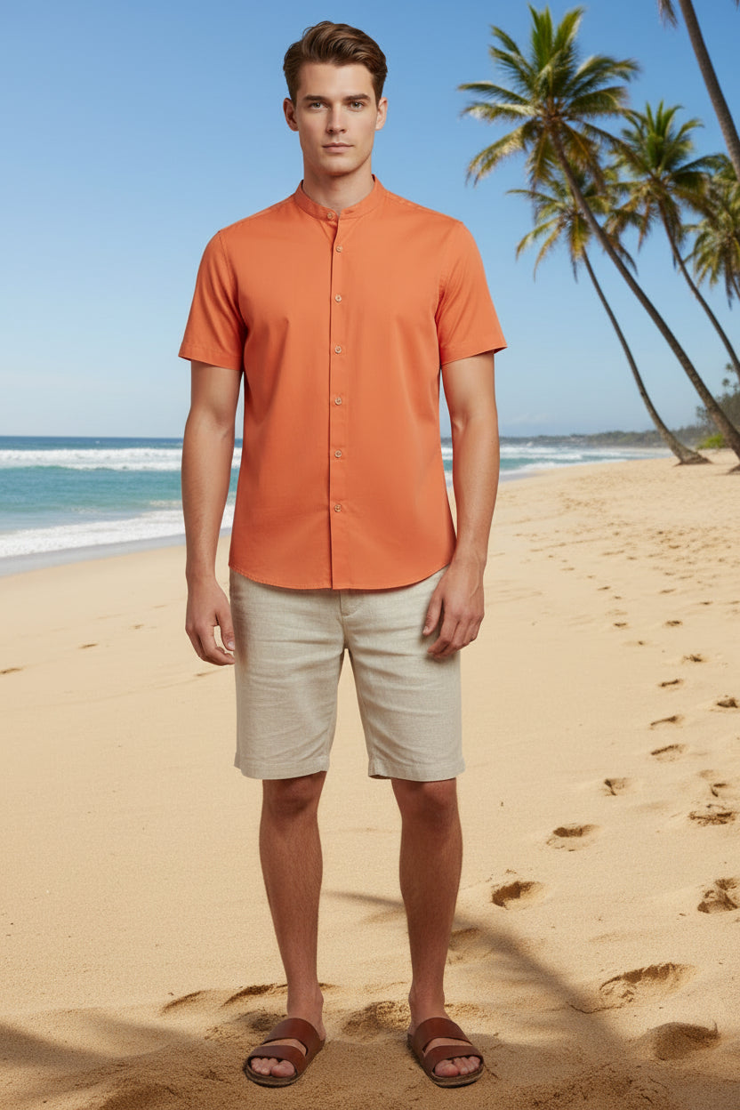 Camisa Instyle Fitters London Coral de manga corta con cuello Mao, estilo relajado y sin bolsillos, vista frontal.