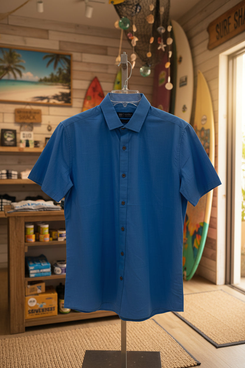 Camisa Toscana azul de manga corta de estilo slim fit de la marca Instyle Fitters, vista de frente en color sólido.