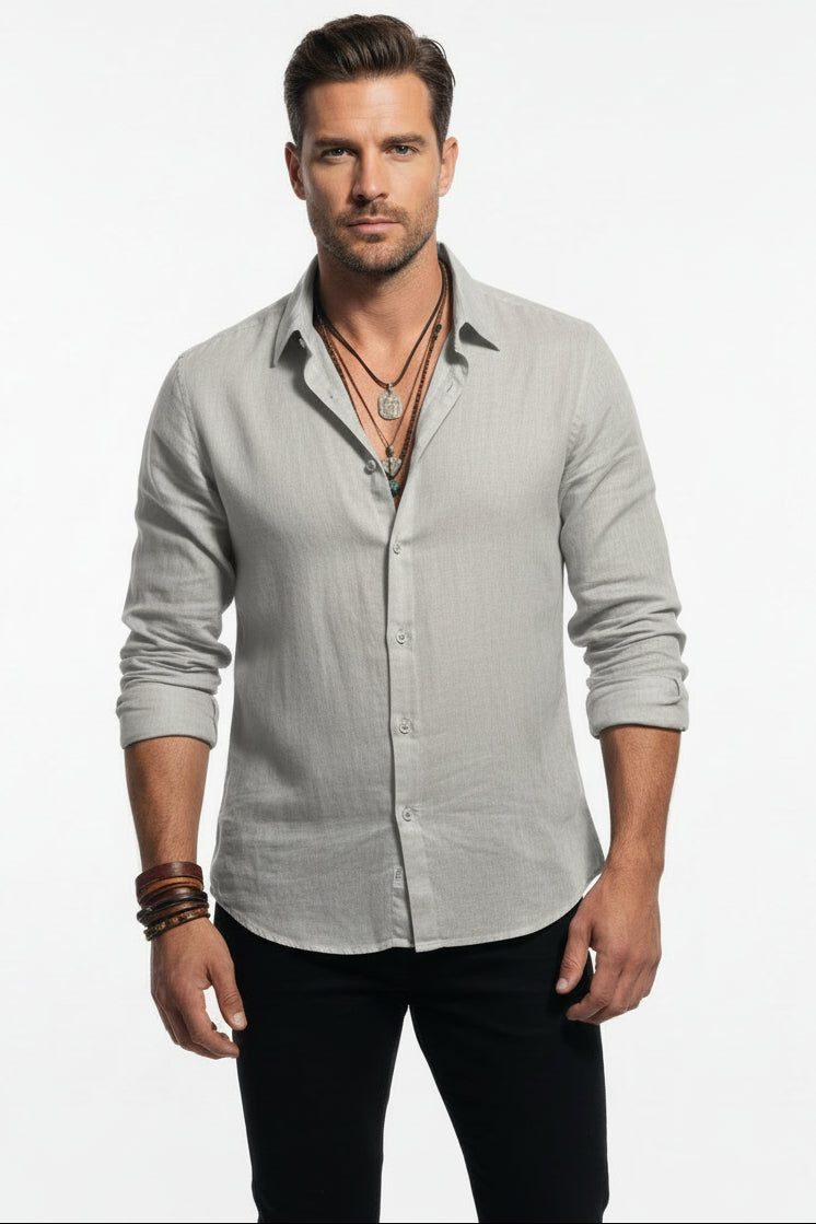 Camisa manga larga lino gris caballero resort playa premium Los Cabos Only Cabo