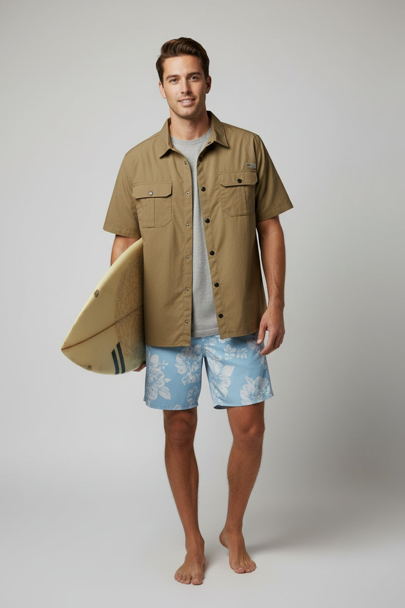 Camisa Ocean Relax Fit taupe manga corta pesca protección solar outdoor Los Cabos