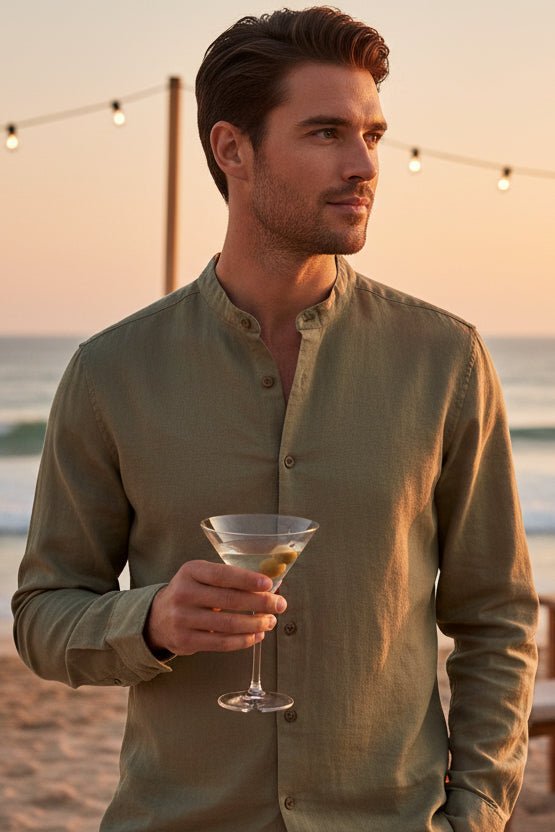 Camisa Cuello Mao Premium en Lino Khaki para Caballero | Only Cabo® Los Cabos - Cabostyle Store