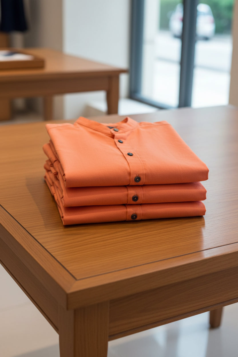 Camisa Instyle Fitters London Coral con cuello Mao, manga corta y ajuste relajado, sin bolsillos, vista frontal sobre fondo neutro.