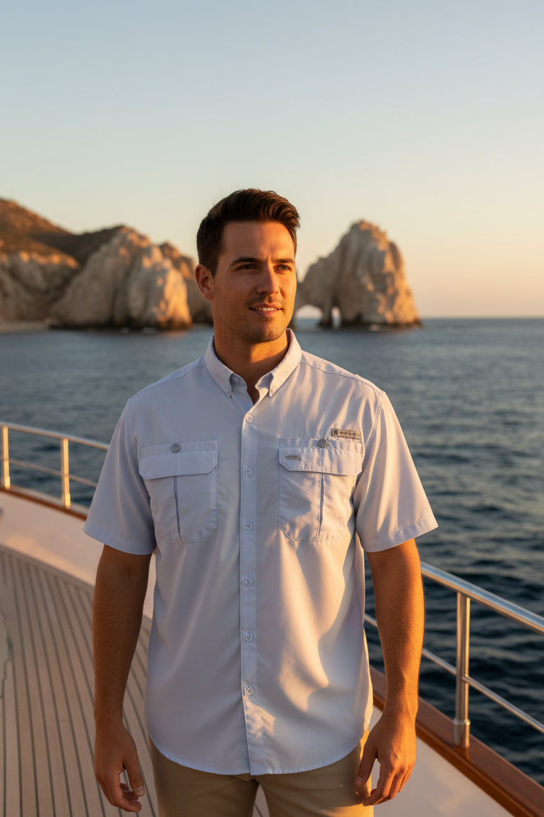 Camisa Ocean Relax Fit blanca manga corta pesca protección solar outdoor Los Cabos