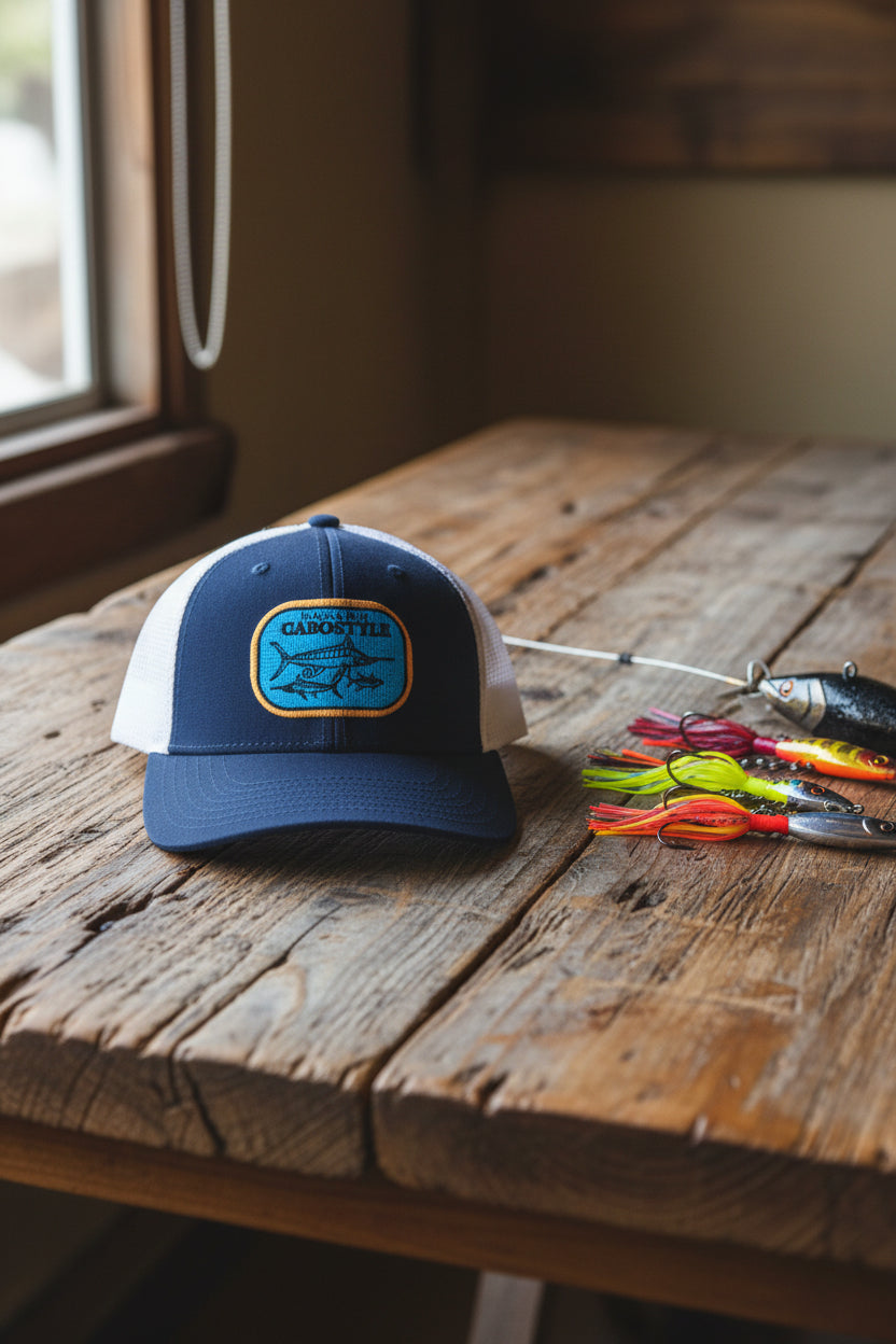 Gorra navy blanco Black and Blue pesca deportiva Los Cabos Cabostyle