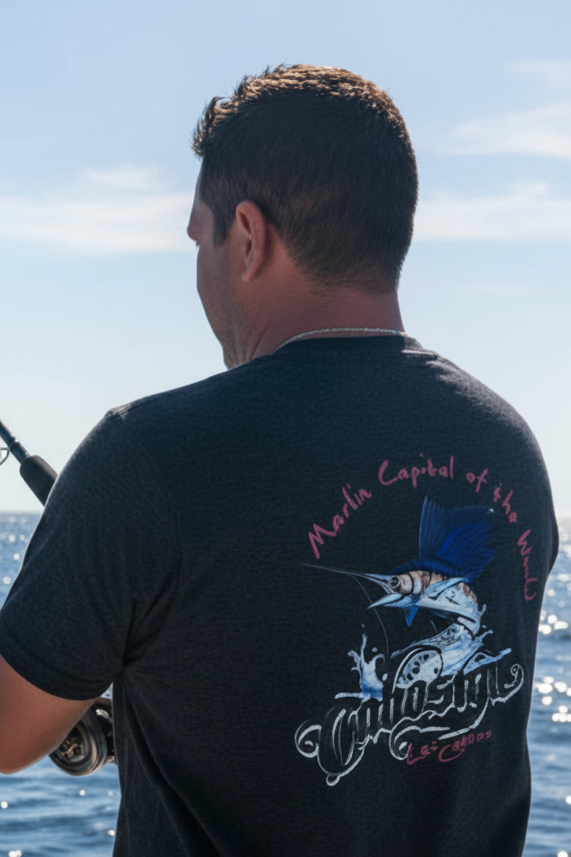 Playera gris jaspe Marlin Capital algodón caballero resort Los Cabos Cabostyle